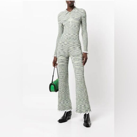 Jonathan Simkhai Wide leg Knit Pants Basil Space Dye with ruffles  NWT. Large - Picture 1 of 12
